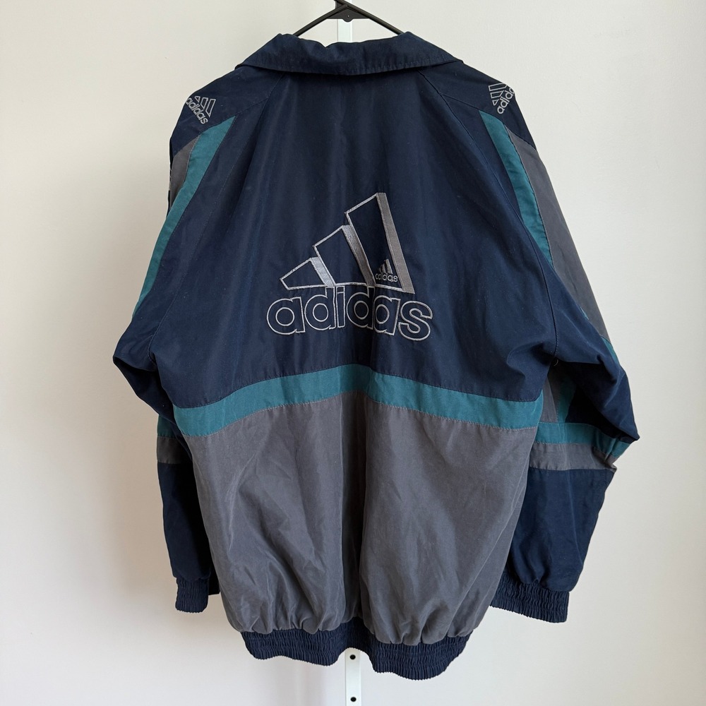 Vintage Adidas Windbreaker Jacket Navy Blue Grey Logo Track Sportswear sz 2XL - Picture 8 of 9